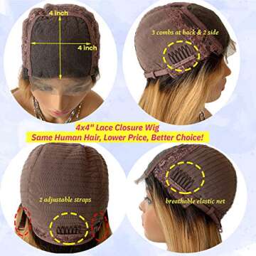 Ombre Blonde Lace Front Wigs Pre Plucked Hairline 4x4 Closure Wigs Remy Human Hair 18 Inch Long Straight Hair Layered Glueless Wig 1B27 Dark Roots for Black Women Full Head 150% Can Be Restyle