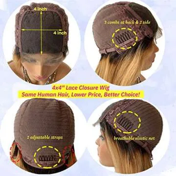 Ombre Blonde Lace Front Wigs Pre Plucked Hairline 4x4 Closure Wigs Remy Human Hair 18 Inch Long Straight Hair Layered Glueless Wig 1B27 Dark Roots for Black Women Full Head 150% Can Be Restyle