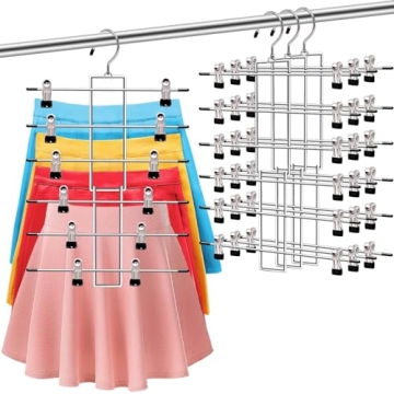 3 Pack Pants-Hangers-Space-Saving,6 Tier-Closet-Organizers-and-Storage Skirt Hangers with Clips,Clos...