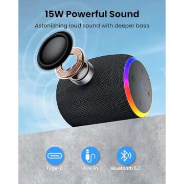 ZICOROOP Bluetooth Speakers,Portable Wireless Speaker with 15W Stereo Sound, IPX6 Waterproof Speaker with LED Light, Bluetooth TWS, Portable Speaker for Shower Outdoor Party Beach Camping