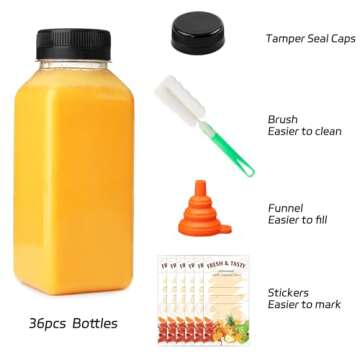 BAKHUK 36pcs 8oz Juice Bottles with Lids, Food Grade Reusable Clear Containers with Black Tamper Evident Caps for Juice, Milk and Other Beverages