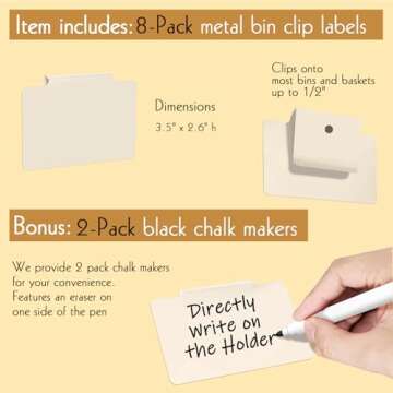 Trohestar Metal Basket Bin Label Clip on Removable Basket Label Pantry Basket Label Clip with Chalk Markers for Storage Fabric Bin Basket Box 8 Cream Holders + 2 Blue Chalk Makers (8 Holders, Cream)