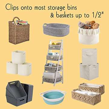 Trohestar Metal Basket Bin Label Clip on Removable Basket Label Pantry Basket Label Clip with Chalk Markers for Storage Fabric Bin Basket Box 8 Cream Holders + 2 Blue Chalk Makers (8 Holders, Cream)