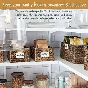 Trohestar Metal Basket Bin Label Clip on Removable Basket Label Pantry Basket Label Clip with Chalk Markers for Storage Fabric Bin Basket Box 8 Cream Holders + 2 Blue Chalk Makers (8 Holders, Cream)