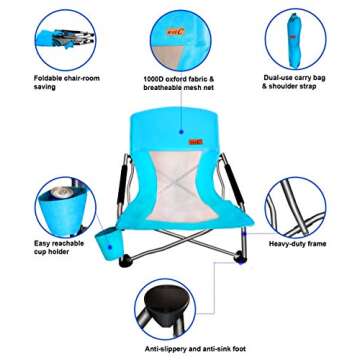 Nice C Low Beach Camping Folding Chair, Ultralight Backpacking Chair with Cup Holder & Carry Bag Compact & Heavy Duty Outdoor, Camping, BBQ, Beach, Travel, Picnic, Festival (Set of 1 Blue)
