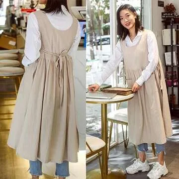 Aprons for Women with Pockets Plus Size, Extra Size Adjustable Kitchen Apron Hairstylist Cotton Linen Apron Dress Girls Work Apron Solid Color for Chef Gardening Cooking Painting Cleaning (White)