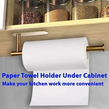 Adhesive Paper Towel Holder - No Drilling Under Cabinet Paper Towel Rack for Kitchen, SUS304 Brushed Stainless Steel, 12 Inch Bar - Fits All Roll Sizes (Gold)