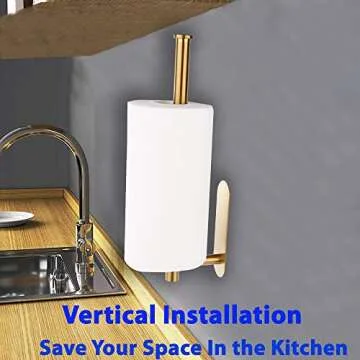 Adhesive Paper Towel Holder - No Drilling Under Cabinet Paper Towel Rack for Kitchen, SUS304 Brushed Stainless Steel, 12 Inch Bar - Fits All Roll Sizes (Gold)