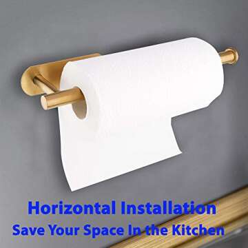 Adhesive Paper Towel Holder - No Drilling Under Cabinet Paper Towel Rack for Kitchen, SUS304 Brushed Stainless Steel, 12 Inch Bar - Fits All Roll Sizes (Gold)