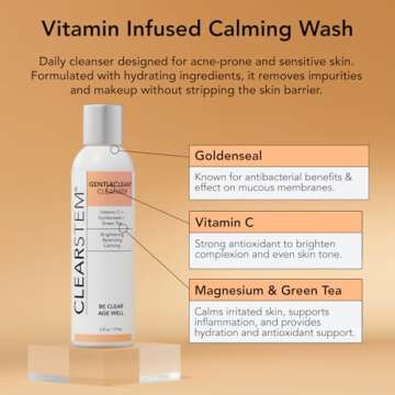 CLEARSTEM - GENTLECLEAN Vitamin C Infused Calming Wash - Facial Cleanser, Makeup Remover - Goldenseal + Green Tea - Facial Skin Care Products - Vegan, Gluten Free, Cruelty Free - 6 fl oz / 207ml