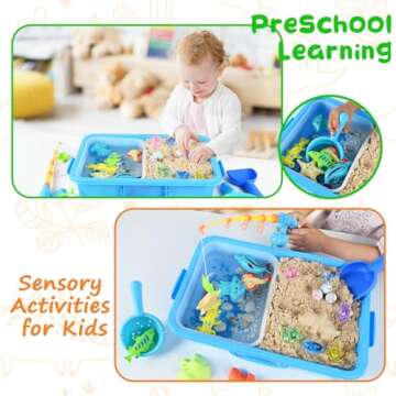 Sensory Bin - Sensory Toys for Toddlers 3-4,Sensory Toys for Autism ,1.7 LB Play Sand ,4 Molds,6Crystal Dinosaur,Dino Eggs,Magnetic Sea Animal, Preschool Learning Fine Motor Skills Activities Kids