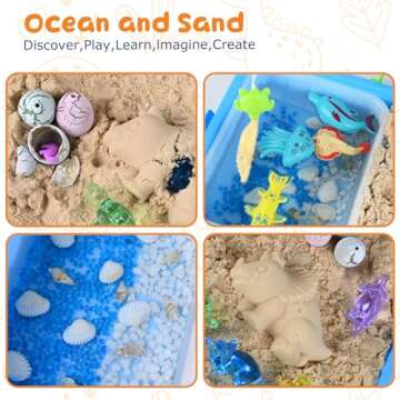 Sensory Bin - Sensory Toys for Toddlers 3-4,Sensory Toys for Autism ,1.7 LB Play Sand ,4 Molds,6Crystal Dinosaur,Dino Eggs,Magnetic Sea Animal, Preschool Learning Fine Motor Skills Activities Kids