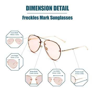 Freckles Mark Oversized Aviator Sunglasses Vintage Retro Gold Metal Frame Colorful Lenses 62mm (Pink)