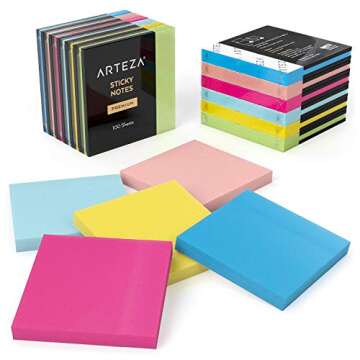 ARTEZA Sticky Notes, 48 Pads, 100 Sheets Each, 3 x 3 Inches, 6 Assorted Colors, Re-Adhesive, Office Supplies for To-Do Lists, Reminders, and Studying