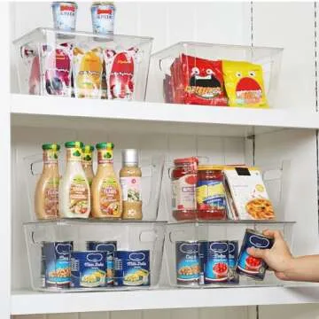 Vtopmart 6 Pack Clear Open Front Storage Bins with Lids, Large Stackable Plastic Container Organizer with Handle for Pantry, Kitchen Counter Top, Cabinet, Shelf, Bathroom Organization