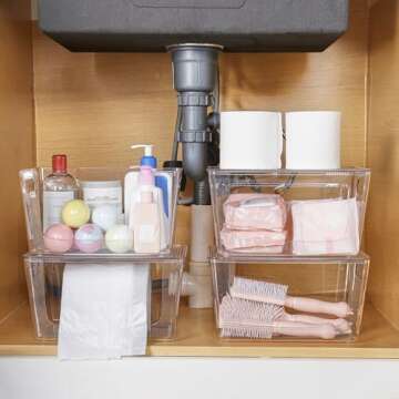 Vtopmart 6 Pack Clear Open Front Storage Bins with Lids, Large Stackable Plastic Container Organizer with Handle for Pantry, Kitchen Counter Top, Cabinet, Shelf, Bathroom Organization