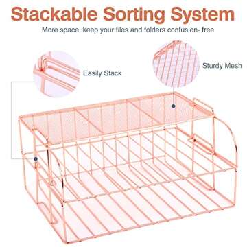 Rose Gold Desk Organizer and Storage, 4 Tier Paper Organizers for Office Stackable Letter Tray with Binder Clips, Paper Clips and Push Pins(Rose Gold)