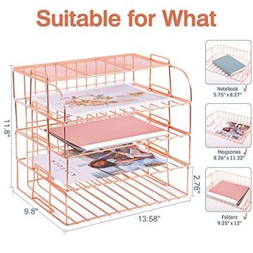 Rose Gold Desk Organizer and Storage, 4 Tier Paper Organizers for Office Stackable Letter Tray with Binder Clips, Paper Clips and Push Pins(Rose Gold)