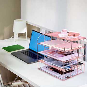 Rose Gold Desk Organizer and Storage, 4 Tier Paper Organizers for Office Stackable Letter Tray with Binder Clips, Paper Clips and Push Pins(Rose Gold)