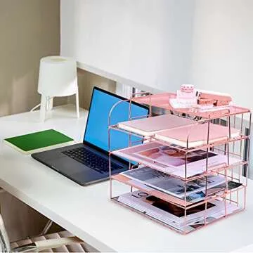 Rose Gold Desk Organizer and Storage, 4 Tier Paper Organizers for Office Stackable Letter Tray with Binder Clips, Paper Clips and Push Pins(Rose Gold)