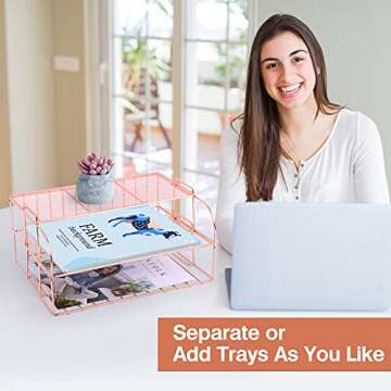 Rose Gold Desk Organizer and Storage, 4 Tier Paper Organizers for Office Stackable Letter Tray with Binder Clips, Paper Clips and Push Pins(Rose Gold)