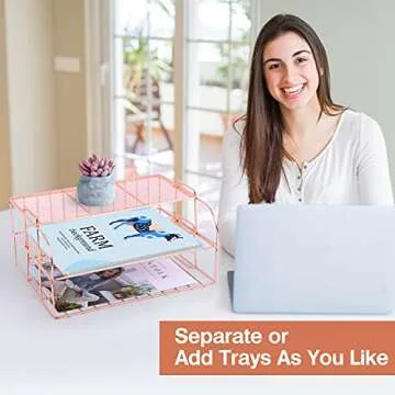 Rose Gold Desk Organizer and Storage, 4 Tier Paper Organizers for Office Stackable Letter Tray with Binder Clips, Paper Clips and Push Pins(Rose Gold)
