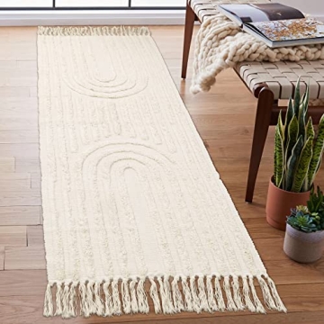 Lanffia Boho Runner Rug 2x6, Beige Bathroom Runner Washable Tufted Rainbow Rug with Tassels Indoor F...