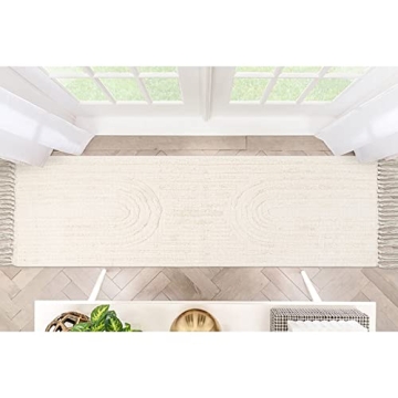 Lanffia Boho Runner Rug 2x6, Beige Bathroom Runner Washable Tufted Rainbow Rug with Tassels Indoor Farmhouse Neutral Floor Carpet for Kitchen Hallway Laundry Doorway Bedroom Living Room