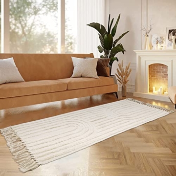 Lanffia Boho Runner Rug 2x6, Beige Bathroom Runner Washable Tufted Rainbow Rug with Tassels Indoor Farmhouse Neutral Floor Carpet for Kitchen Hallway Laundry Doorway Bedroom Living Room