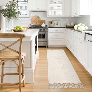 Lanffia Boho Runner Rug 2x6, Beige Bathroom Runner Washable Tufted Rainbow Rug with Tassels Indoor Farmhouse Neutral Floor Carpet for Kitchen Hallway Laundry Doorway Bedroom Living Room