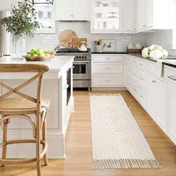 Lanffia Boho Runner Rug 2x6, Beige Bathroom Runner Washable Tufted Rainbow Rug with Tassels Indoor Farmhouse Neutral Floor Carpet for Kitchen Hallway Laundry Doorway Bedroom Living Room