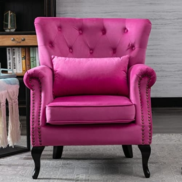 Kmax Velvet Tufted Accent Chair - Mid Century Throne with Wood Legs