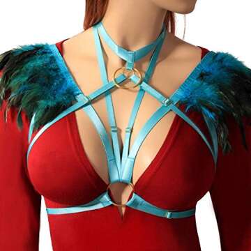 Womens Feathers Harness Bra Epaulette Shoulder Wings Women Festival Rave Gothic Punk Body Plus Size ...