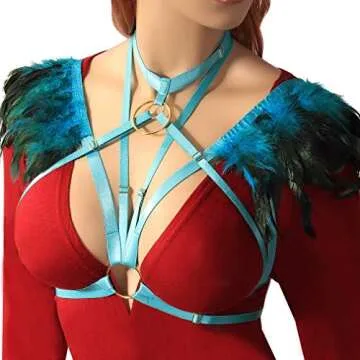 Womens Feathers Harness Bra Epaulette Shoulder Wings Women Festival Rave Gothic Punk Body Plus Size Jade Green