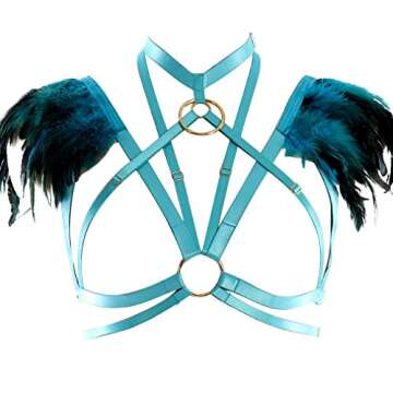 Womens Feathers Harness Bra Epaulette Shoulder Wings Women Festival Rave Gothic Punk Body Plus Size Jade Green