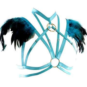 Womens Feathers Harness Bra Epaulette Shoulder Wings Women Festival Rave Gothic Punk Body Plus Size Jade Green