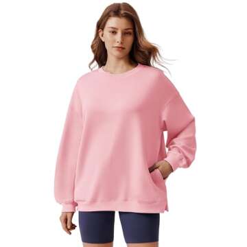 PINSPARK Women Crewneck Sweatshirts Lightweight Fall Outfits Long Sleeve Fashion Tops Y2K Sweat Shirt with Side Pockets, Pink Medium