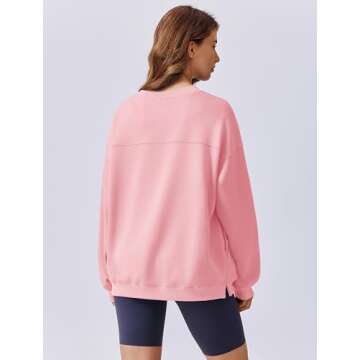 PINSPARK Women Crewneck Sweatshirts Lightweight Fall Outfits Long Sleeve Fashion Tops Y2K Sweat Shirt with Side Pockets, Pink Medium