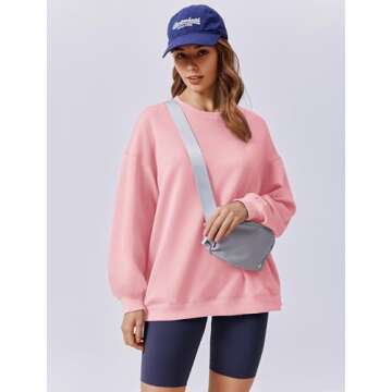 PINSPARK Women Crewneck Sweatshirts Lightweight Fall Outfits Long Sleeve Fashion Tops Y2K Sweat Shirt with Side Pockets, Pink Medium