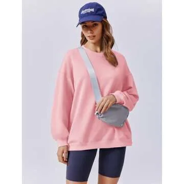 PINSPARK Women Crewneck Sweatshirts Lightweight Fall Outfits Long Sleeve Fashion Tops Y2K Sweat Shirt with Side Pockets, Pink Medium