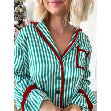 Alyweatry Women Christmas 2 Piece Pajama Set Cute Print Long Sleeve Button Down Shirt Elastic Shorts...