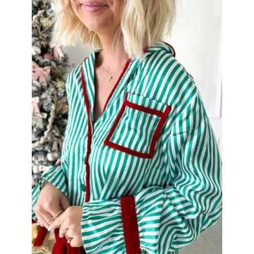 Alyweatry Women Christmas 2 Piece Pajama Set Cute Print Long Sleeve Button Down Shirt Elastic Shorts Holiday Sleepwear (Green Stripes, S)