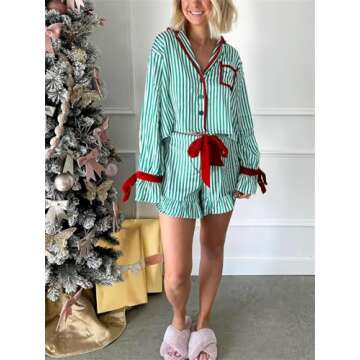 Alyweatry Women Christmas 2 Piece Pajama Set Cute Print Long Sleeve Button Down Shirt Elastic Shorts Holiday Sleepwear (Green Stripes, S)