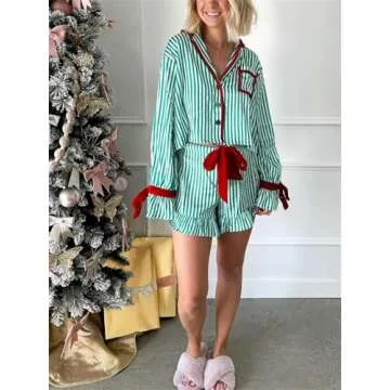 Alyweatry Women Christmas 2 Piece Pajama Set Cute Print Long Sleeve Button Down Shirt Elastic Shorts Holiday Sleepwear (Green Stripes, S)