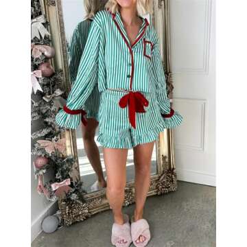 Alyweatry Women Christmas 2 Piece Pajama Set Cute Print Long Sleeve Button Down Shirt Elastic Shorts Holiday Sleepwear (Green Stripes, S)