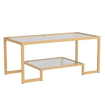 RAAMZO Gold Metal Glass Accent Coffee Cocktail Table with Shelf