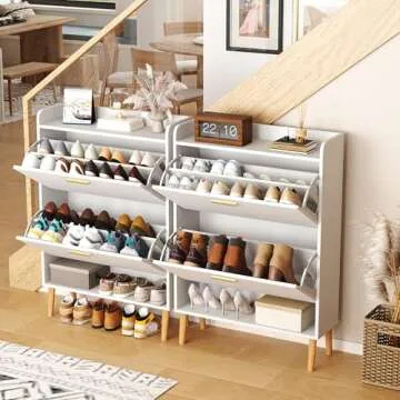 HOMEFORT Shoe Cabinet for Entryway, Shoe Storage Cabinet with 2 Flip Drawers, 30" Narrow Shoe Organizer Cabinet for Front Door Entrance, Modern Slim Hidden Shoe Rack Cabinet in White.