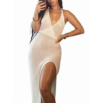 Avanova Women's Halter Crochet Swimwear Cover Ups See Through Side Split Backless Summer Beach Long Dress White Small