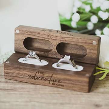 Muchly Engraved Flip Wooden 2 Ring box for wedding -Rustic Vintage Solid Wood rectangle Jewelry Storage Box