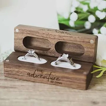 Muchly Engraved Flip Wooden 2 Ring box for wedding -Rustic Vintage Solid Wood rectangle Jewelry Storage Box